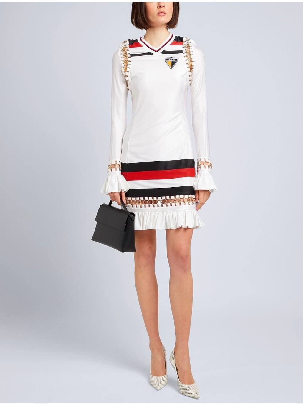 Burberry White Dress with Black and Red Stripe Details
